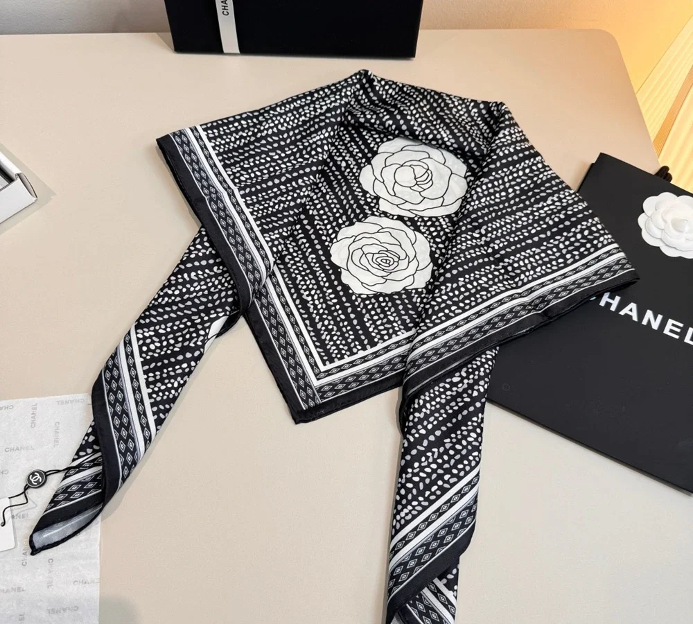 Chanel Polka Dot & Camellia Silk Scarf (Black & White)